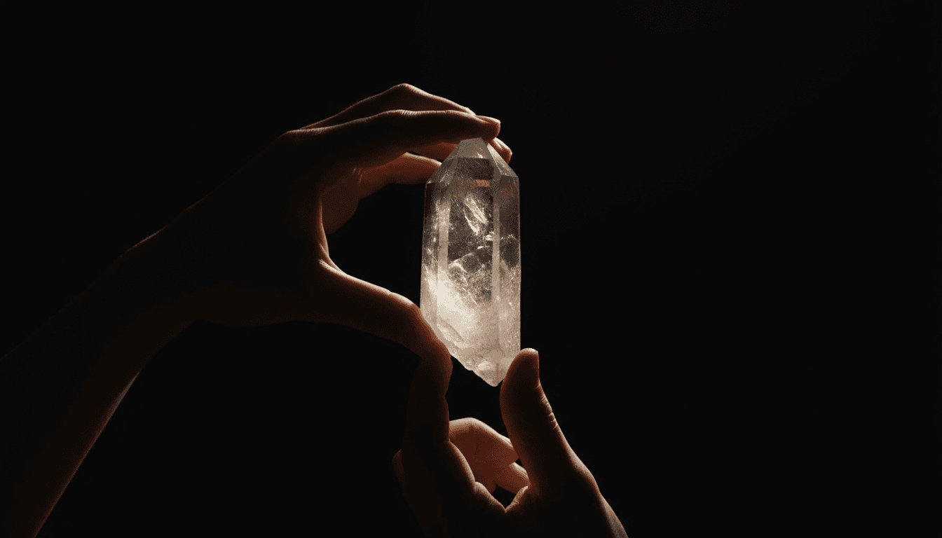 Manos sosteniendo un cristal de cuarzo en un entorno místico y oscuro
