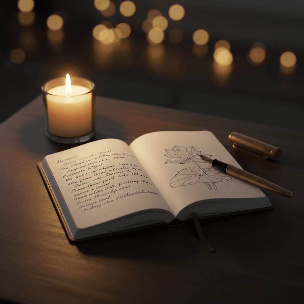 Diario abierto con notas manuscritas y una pluma junto a una vela encendida