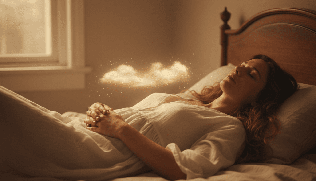Mujer recostada en camilla de reiki con luz dorada sobre el torso