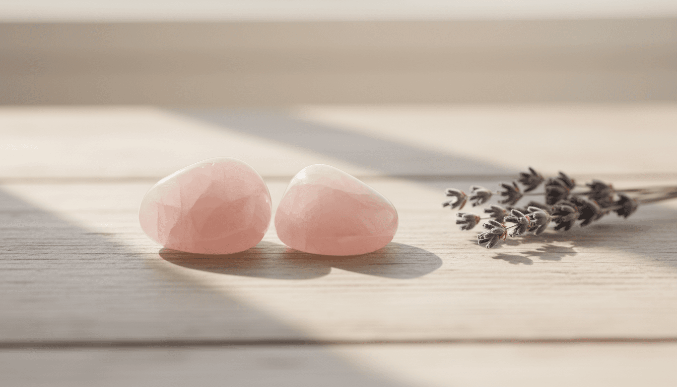 Dos piedras de cuarzo rosa junto a lavanda seca