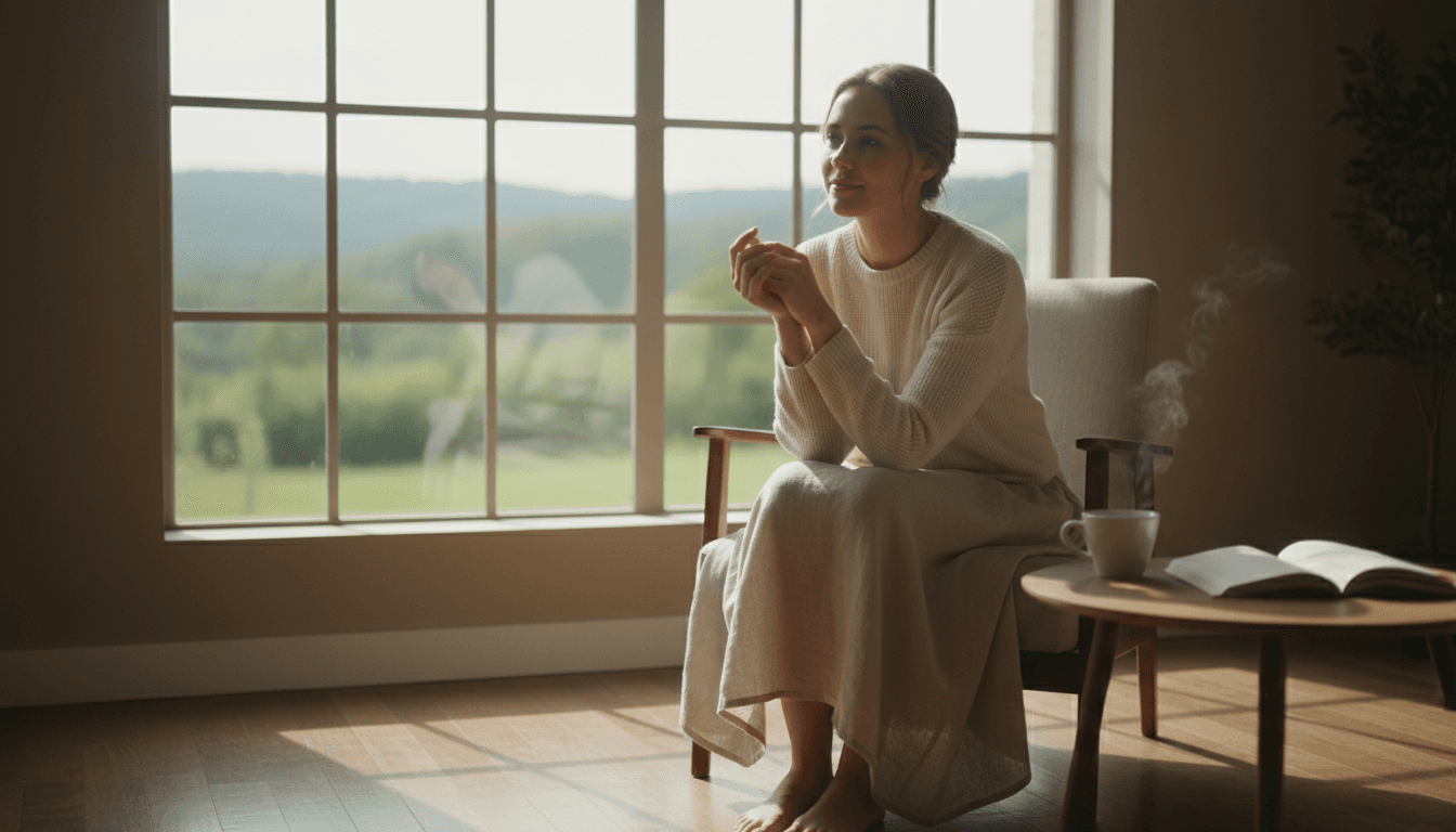Mujer sentada tranquilamente junto a una ventana con luz natural suave