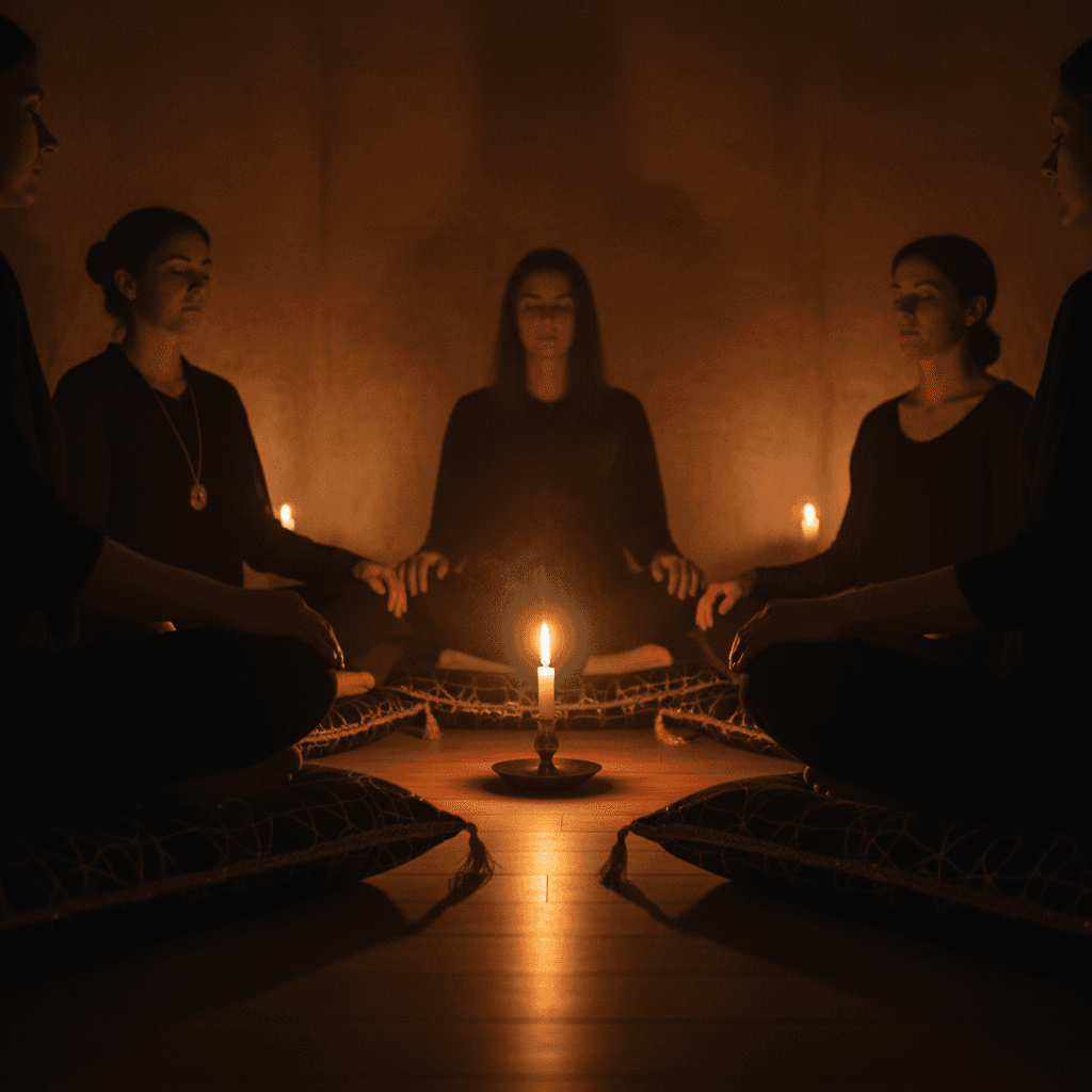 Grupo meditando en círculo con velas en un espacio íntimo durante un evento