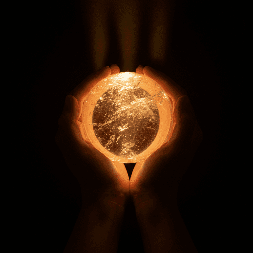Manos sosteniendo un cuarzo iluminado en penumbra