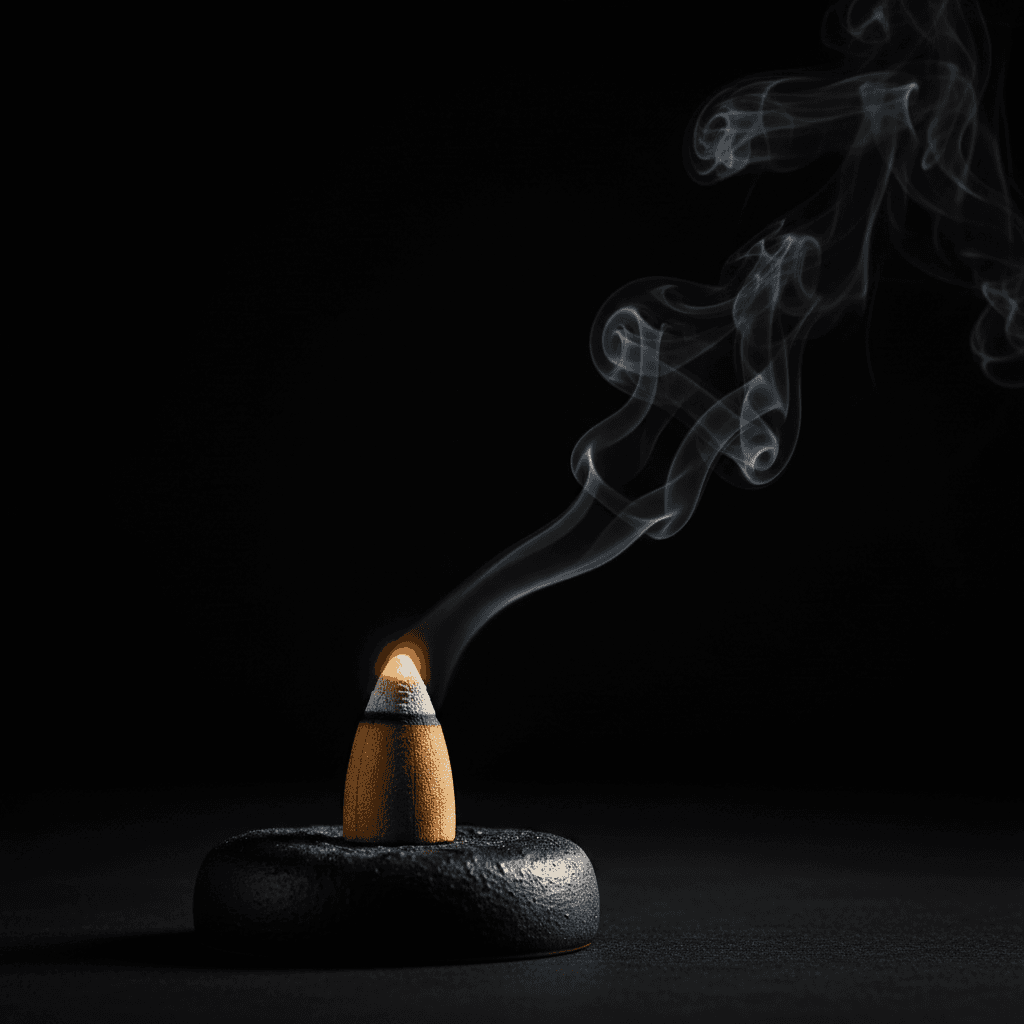 Cono de incienso dorado encendido con humo elevándose en un fondo oscuro