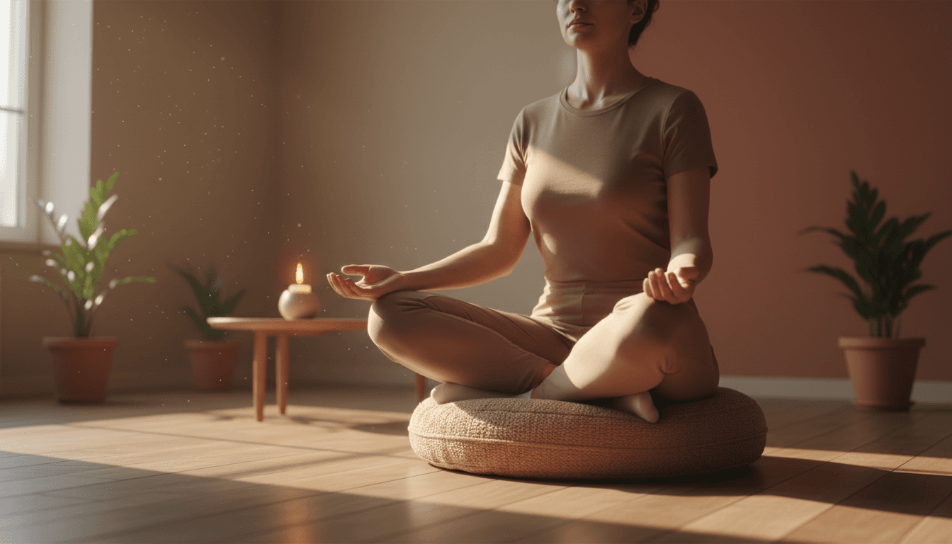 Mujer meditando sentada en cojín con luz natural cálida y vela de fondo.