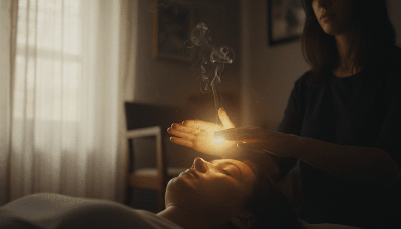 Manos realizando sanación energética sobre una persona acostada