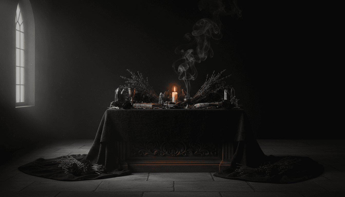 Altar con vela encendida, cristales y plantas sobre un paño negro, atmósfera espiritual y serena