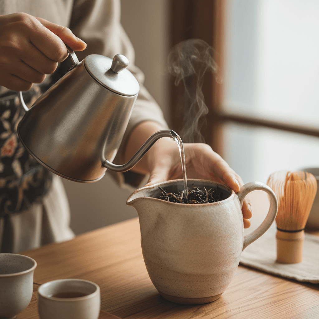 Vertiendo agua caliente sobre hojas de té en tetera de cerámica