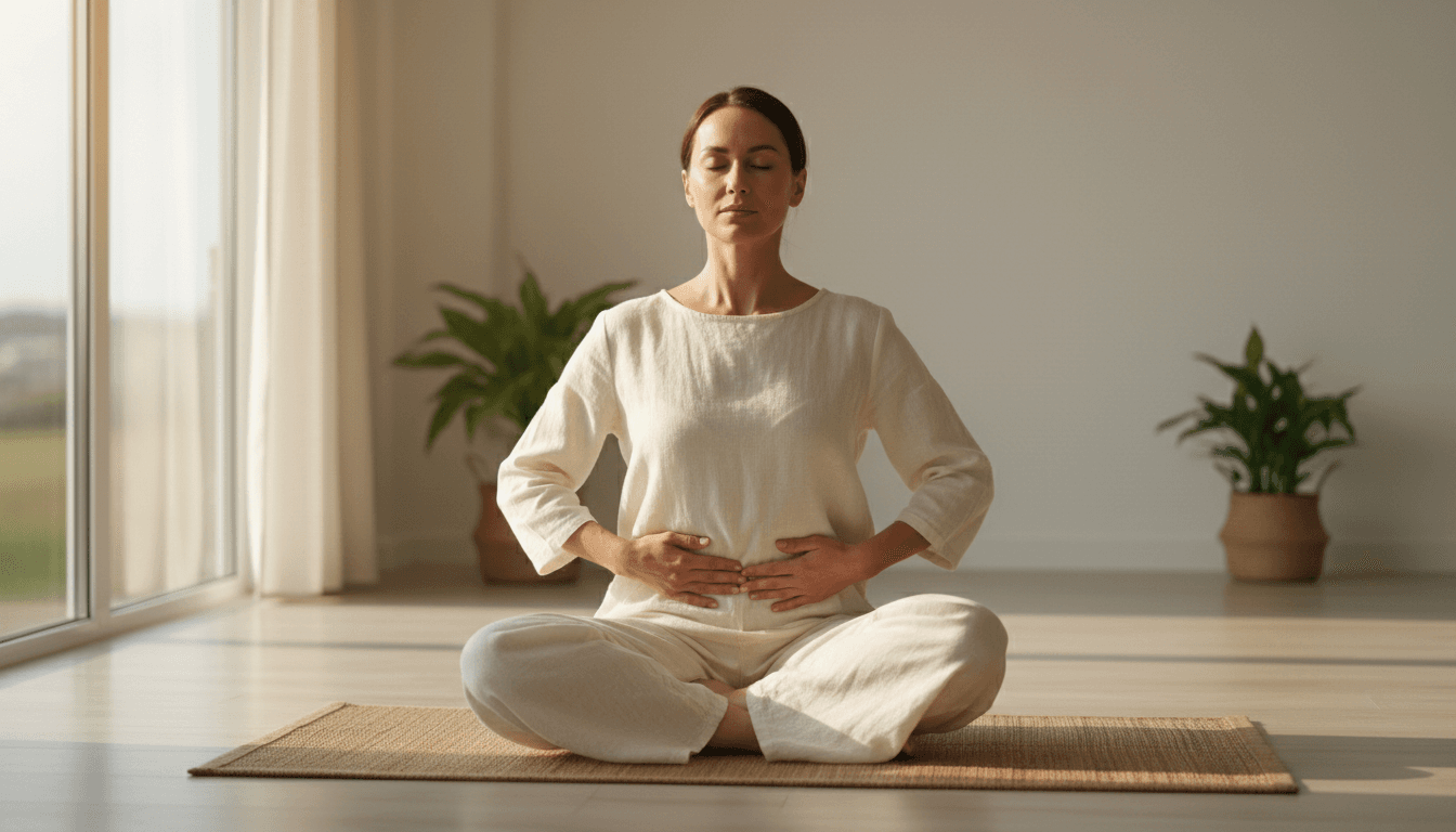 Mujer con los ojos cerrados y las manos sobre el vientre en postura de meditación serena