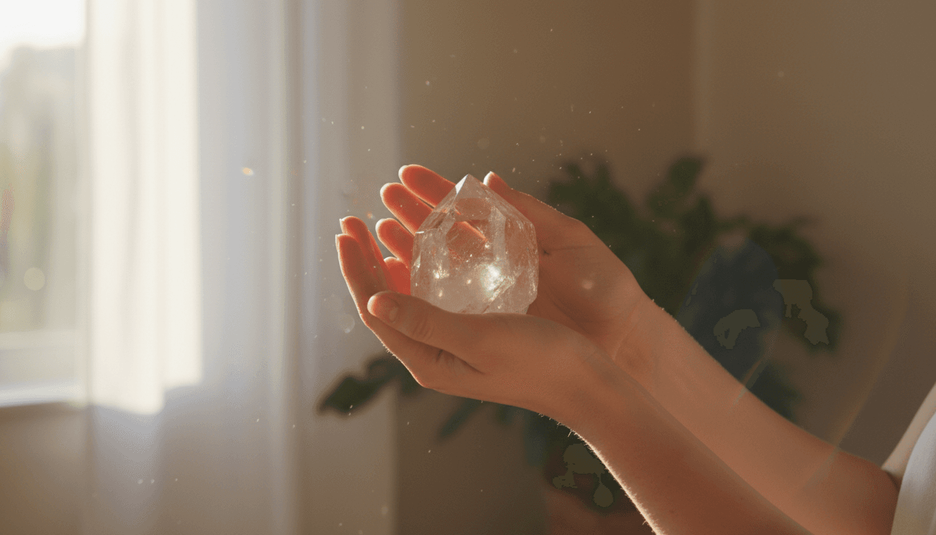 Primer plano de manos de mujer sosteniendo un cristal en luz solar suave y ambiente tranquilo