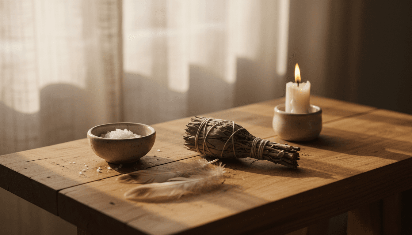 Altar de sanación con salvia, cuenco de cerámica y una vela encendida