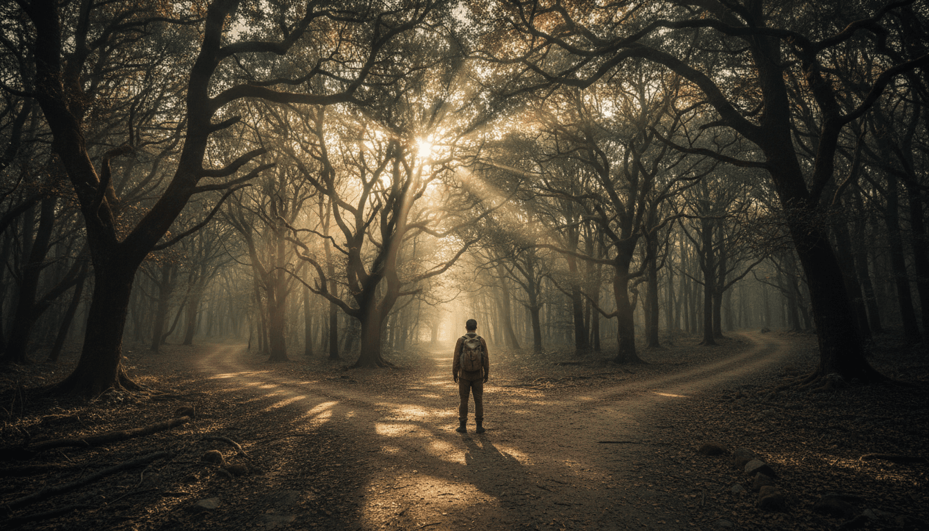 Persona en un camino en el bosque, luz solar filtrándose entre los árboles