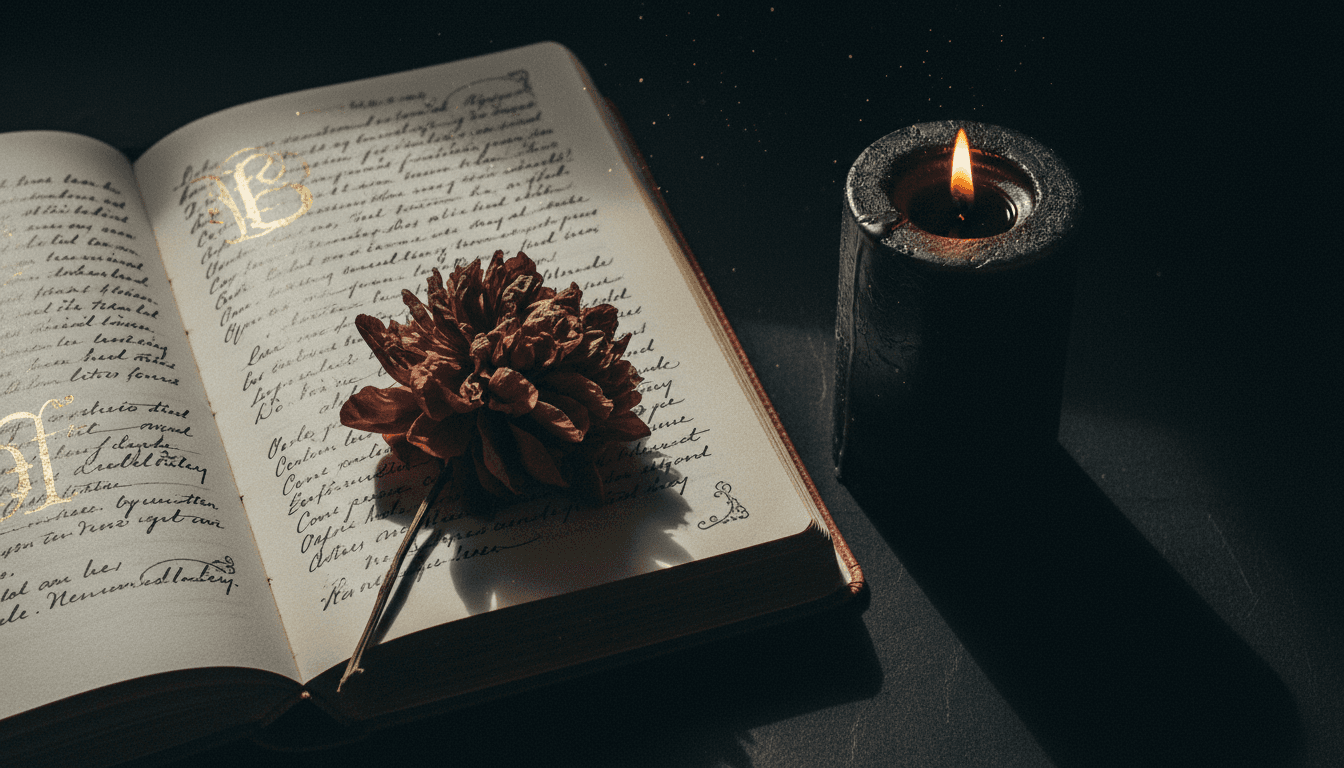 Diario abierto con notas escritas a mano, una flor seca y una vela negra encendida sobre una superficie de madera oscura