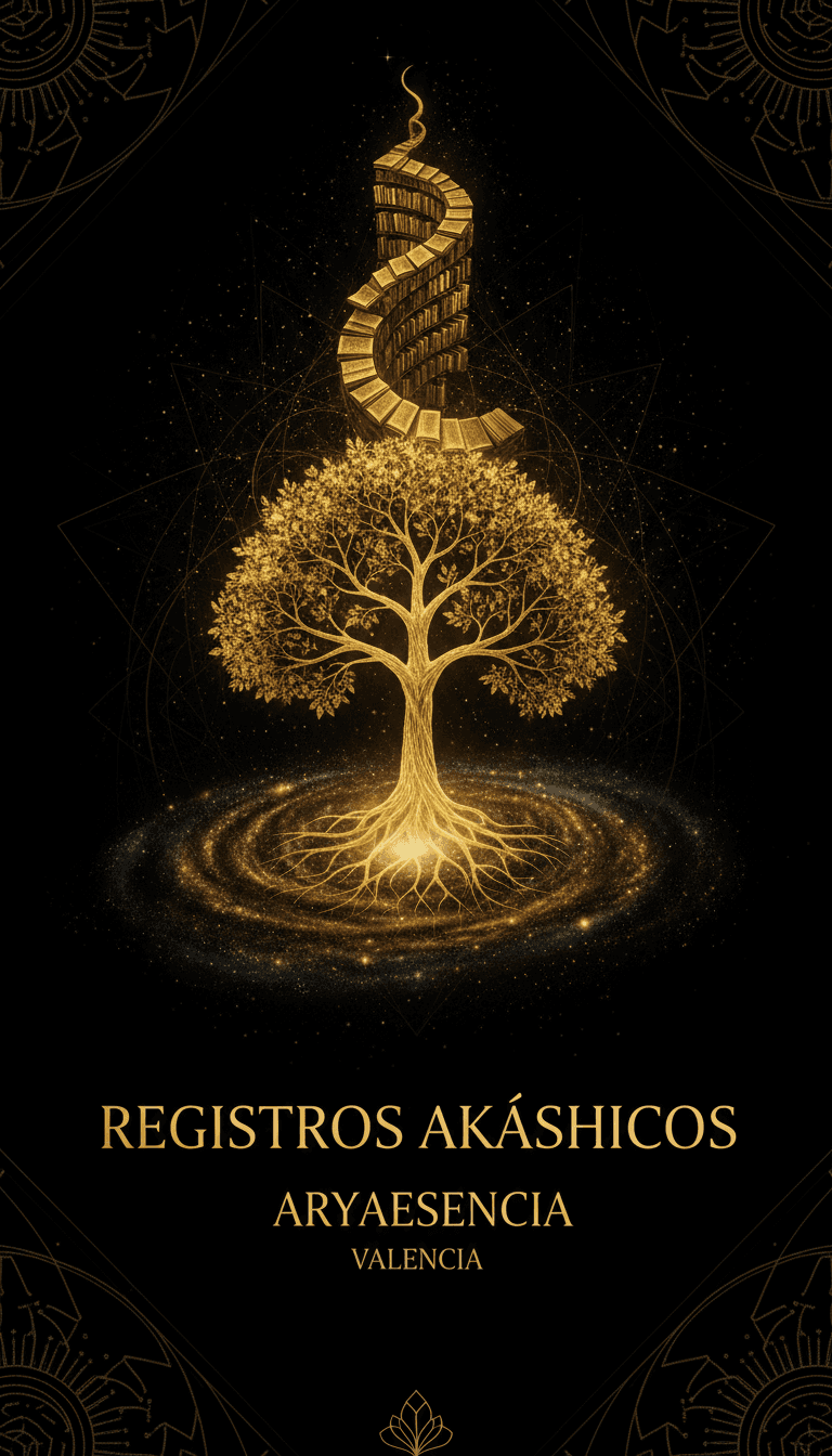 Elegant black and gold design symbolizing Registros Akáshicos for a holistic therapy business.