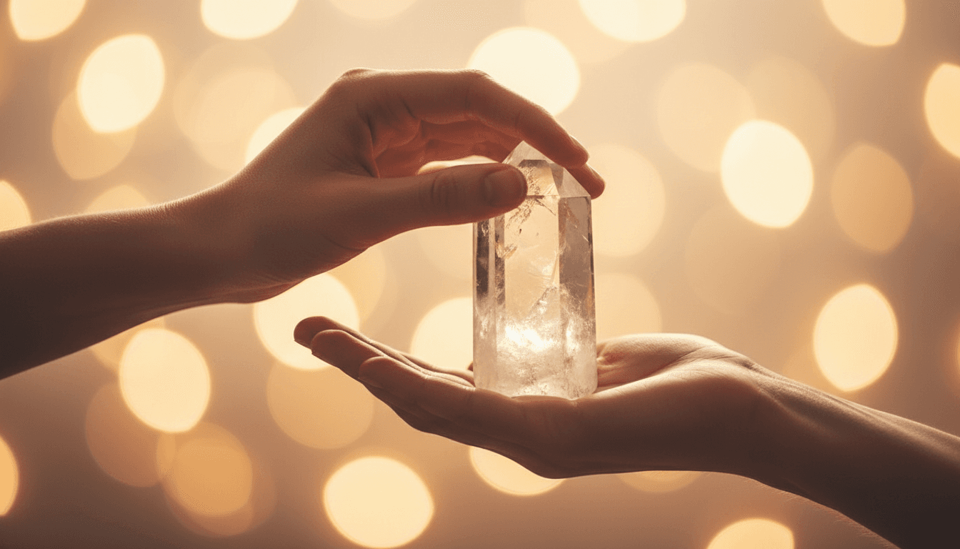Close up of hands gently holding a crystal over a calm open palm, soft gold light bokeh in background