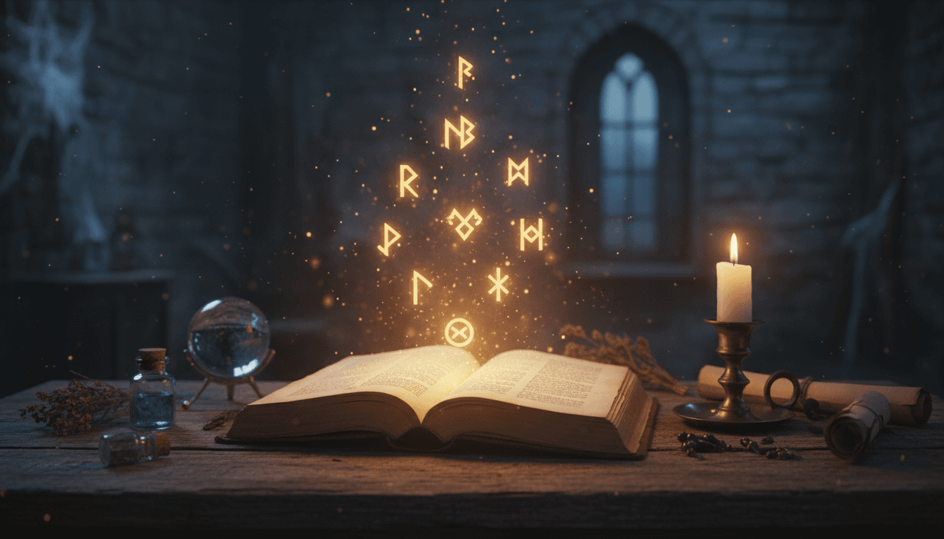 Libro antiguo abierto con símbolos brillantes