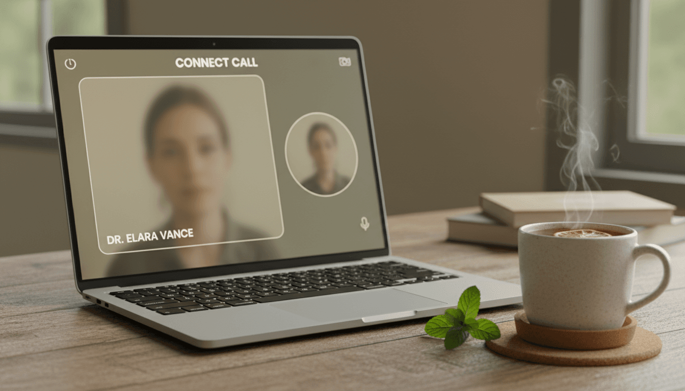 Primer plano de laptop abierta en videollamada con taza de té sobre mesa de madera.