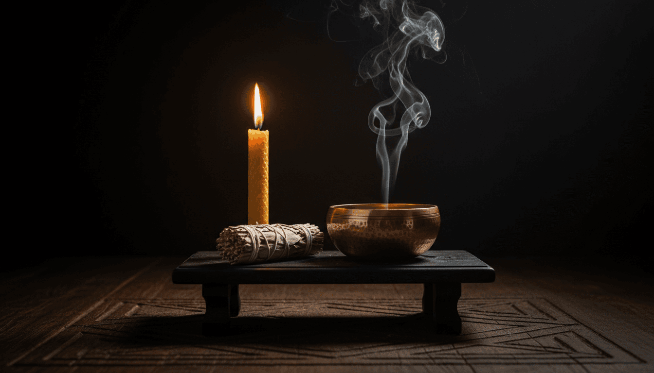 Vela encendida y un cuenco tibetano sobre una mesa de madera negra en un espacio de sanación espiritual en València