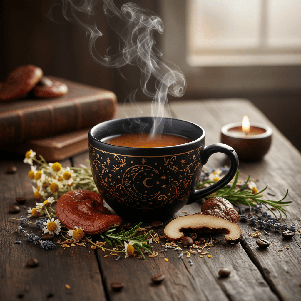 Taza de café humeante con logo DXN, hongo Ganoderma y granos de café sobre madera.