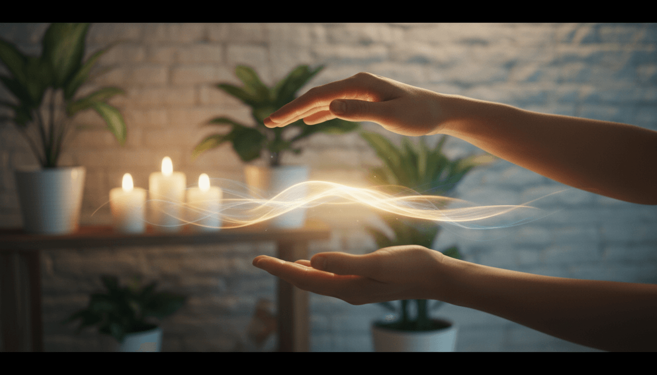 Sala de terapias con camilla, velas y plantas en tonos cálidos