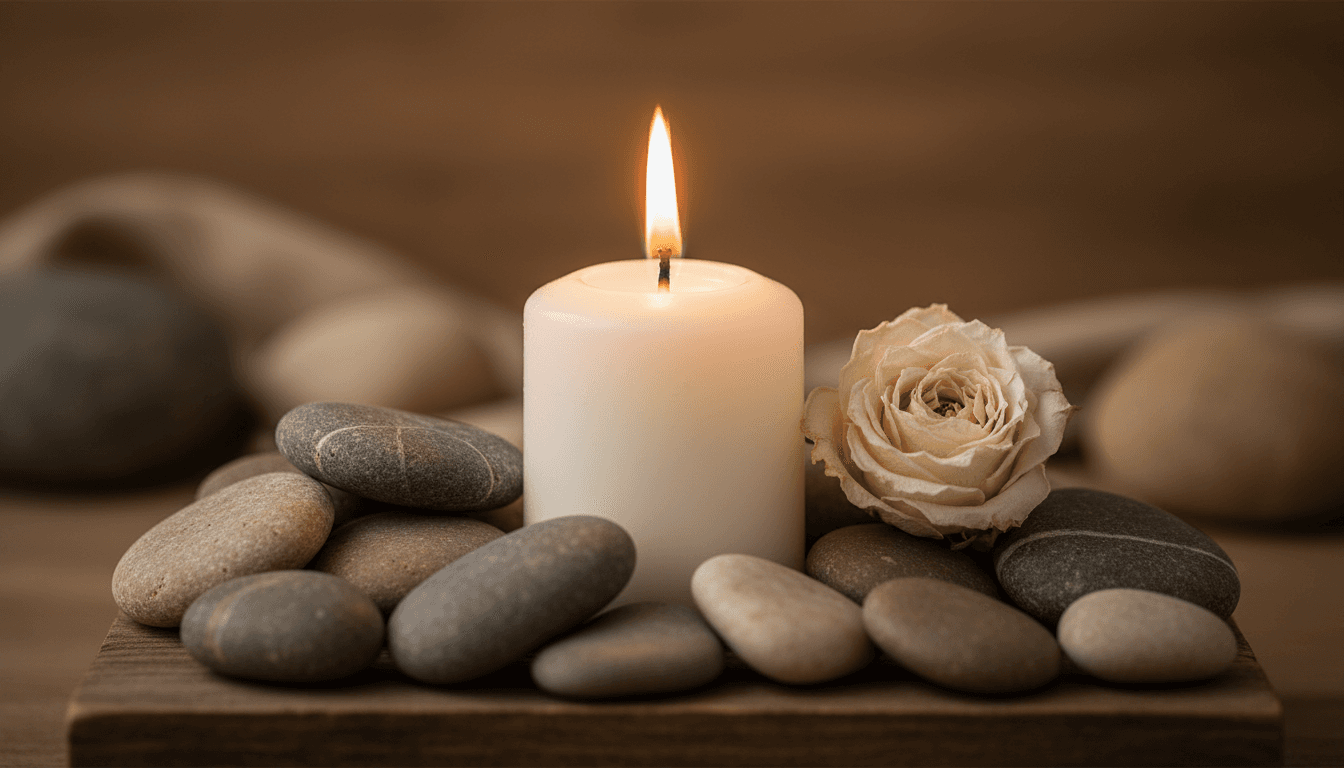 Vela encendida sobre un altar pequeño con piedras y una flor seca