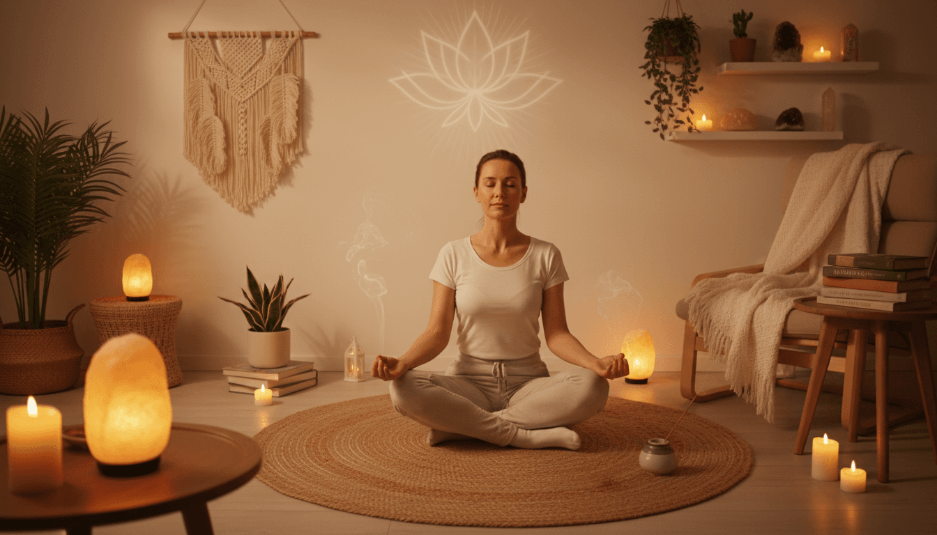 Mujer en meditación con luz suave y ambiente acogedor