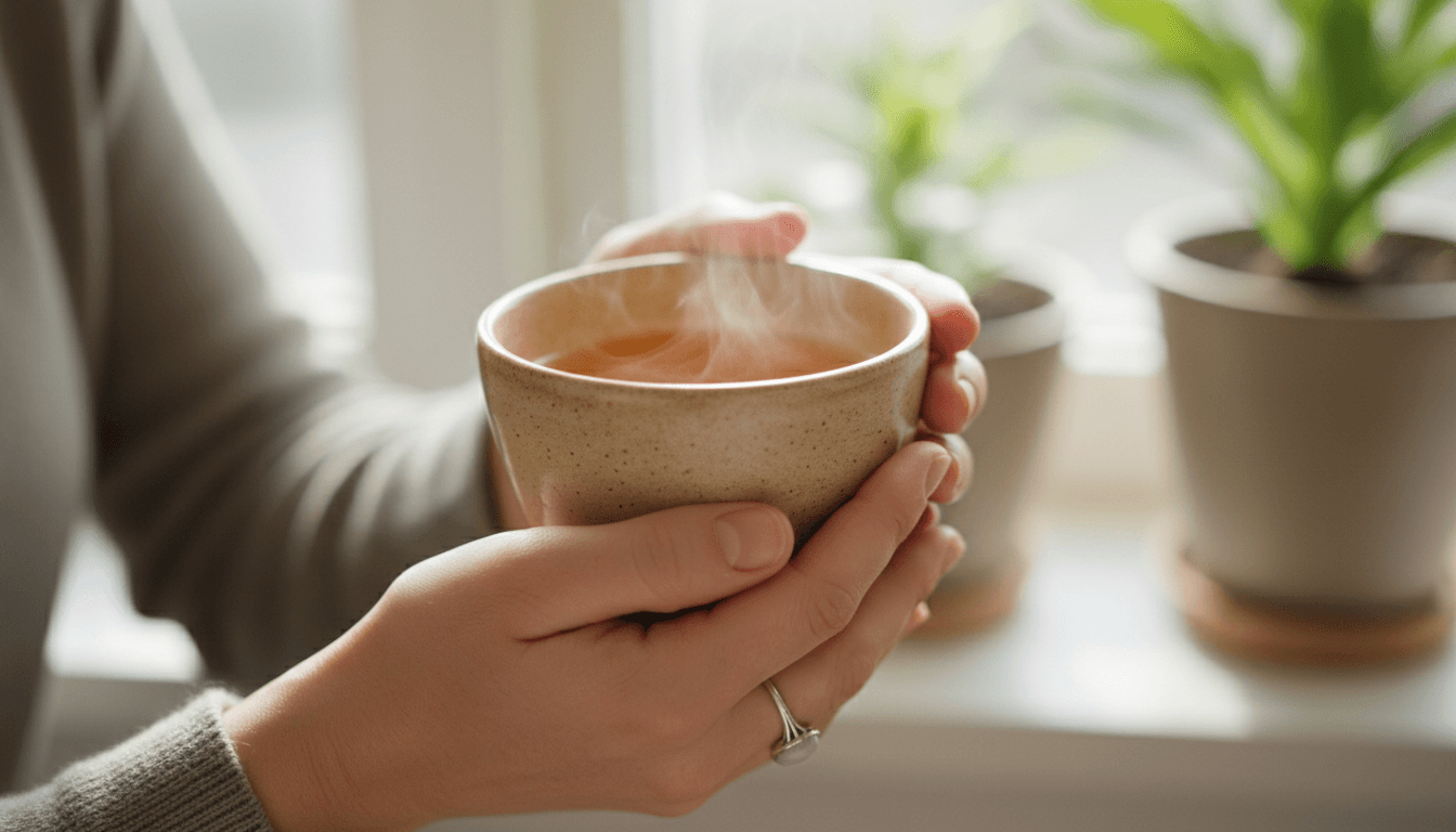 Manos sosteniendo una taza de té en un ambiente tranquilo
