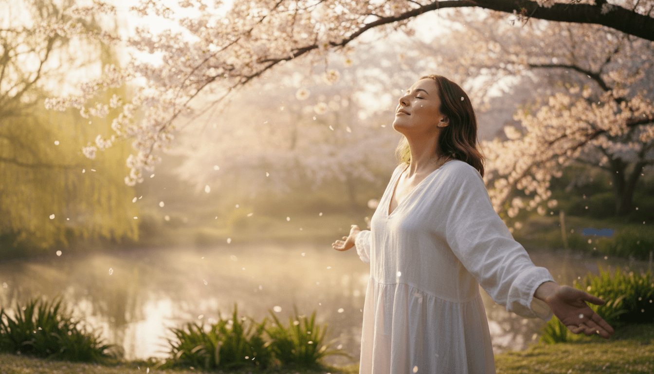 Mujer con los ojos cerrados sintiendo paz y liberación emocional en un entorno sereno con luz suave