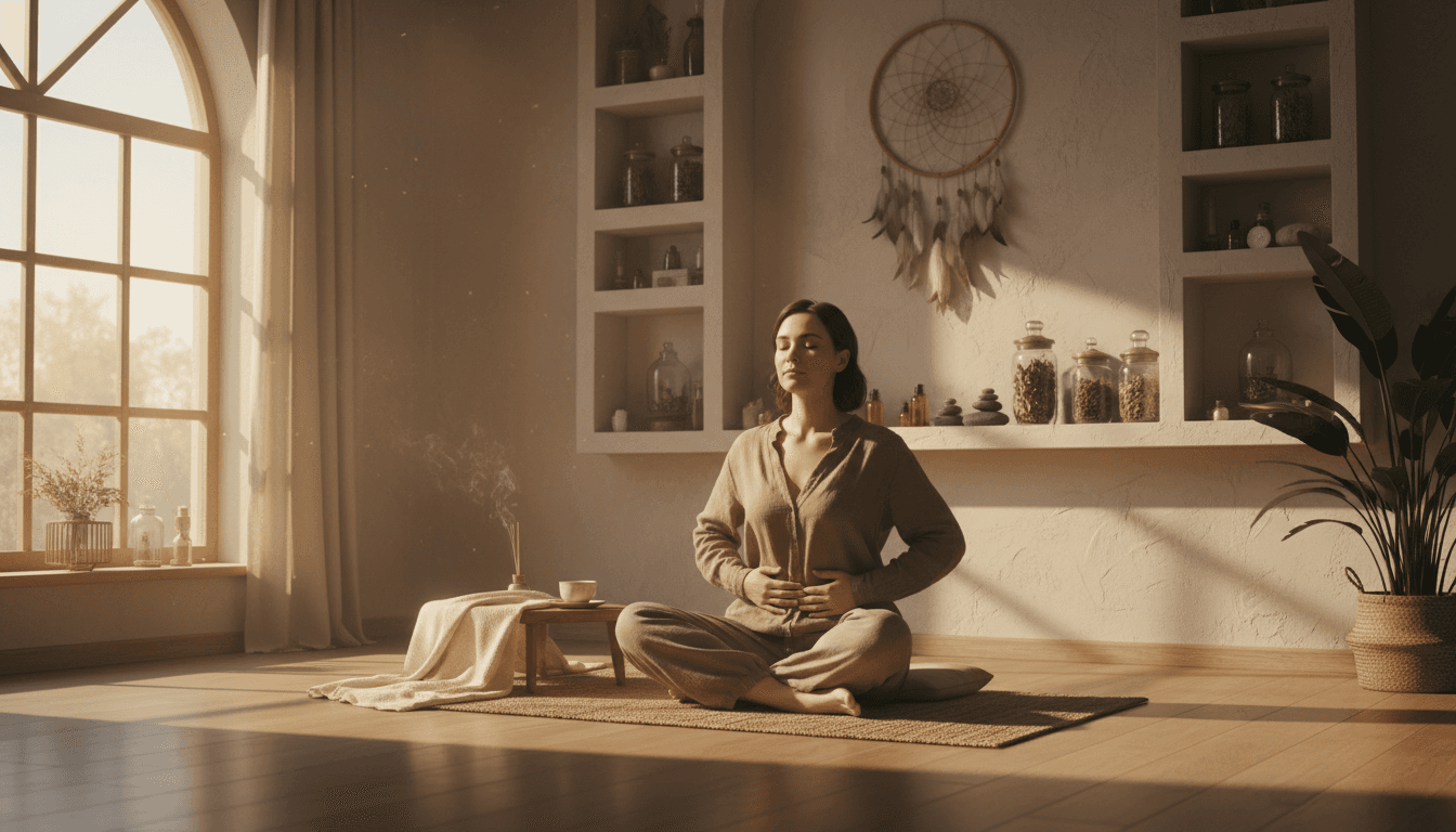 Mujer meditando con las manos en el vientre en un espacio de sanación holística
