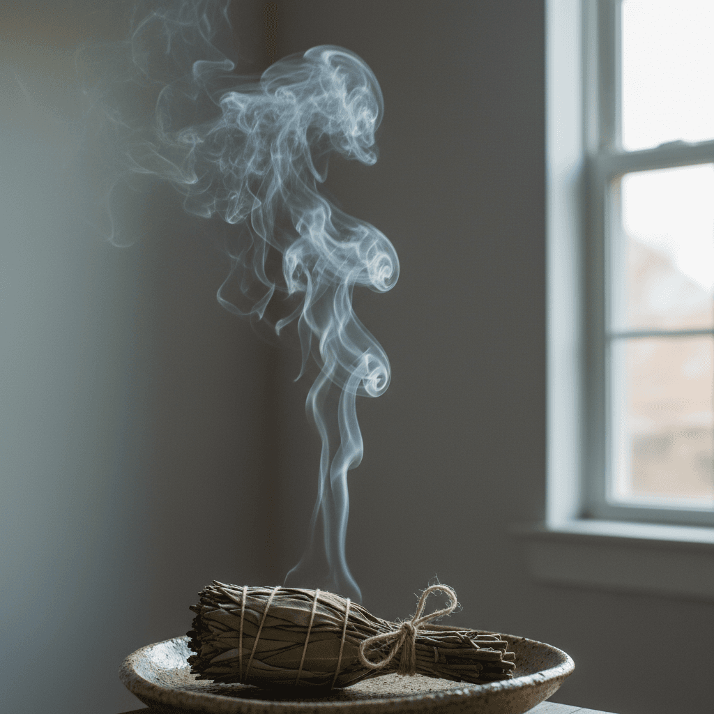 Humo de salvia en un espacio sereno