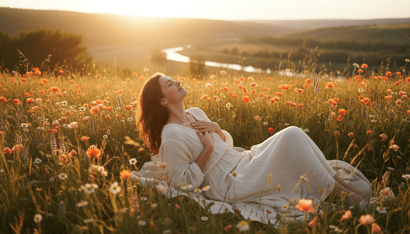 Woman relaxing in a natural setting with flowers and warm light.