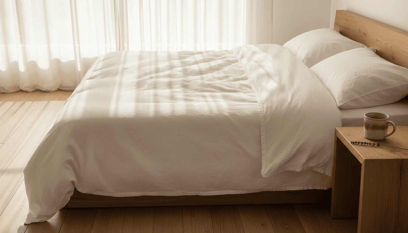 Cama deshecha con luz matinal y una taza de té de hierbas en la mesilla