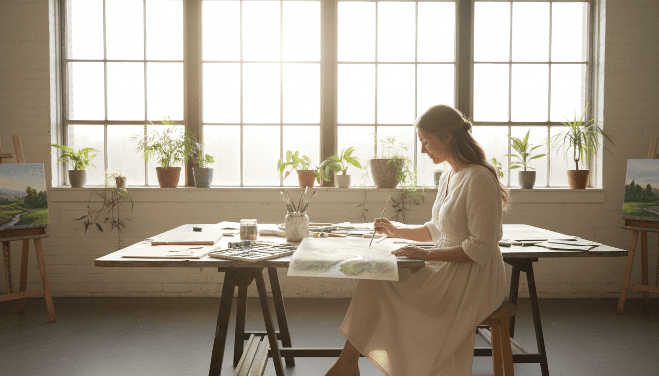 Mujer pintando con acuarelas en un estudio luminoso en estado de flujo creativo