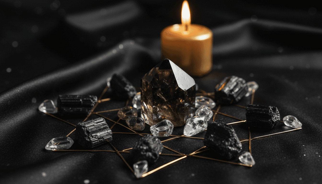 Cristales y piedras sobre tela negra con vela dorada de fondo