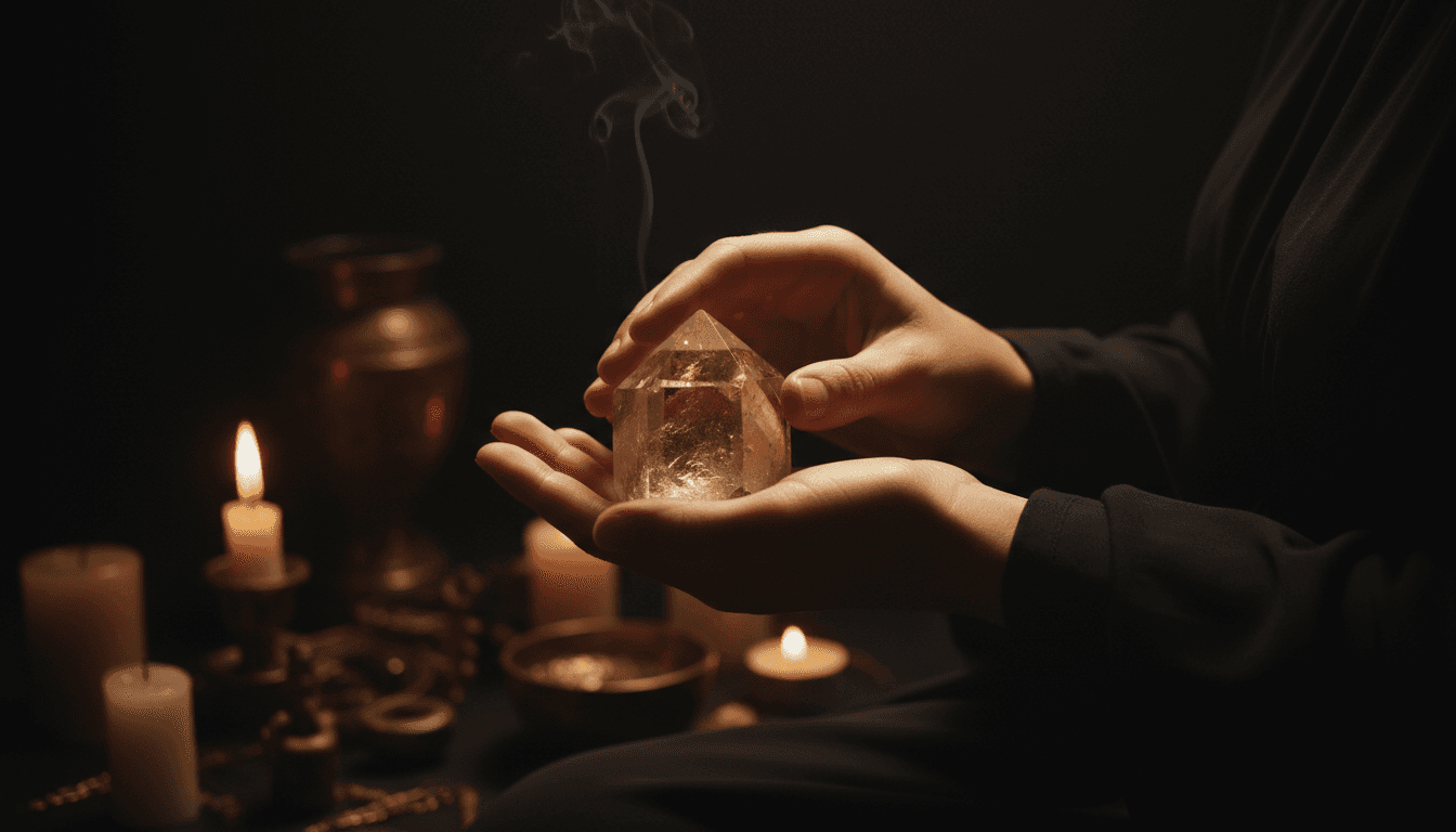 Manos sosteniendo un cristal de cuarzo iluminado por velas