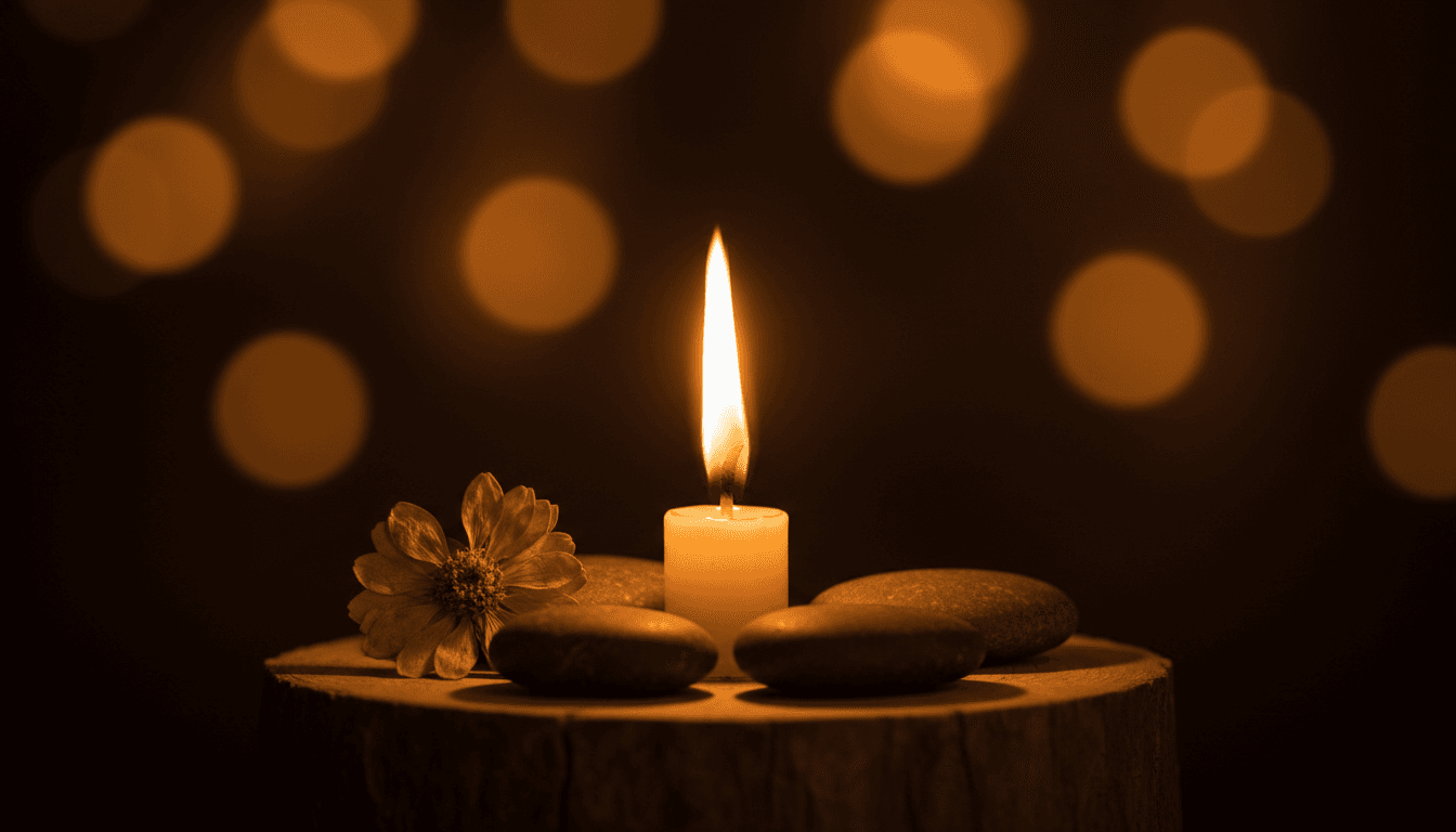Vela encendida sobre un altar pequeño con piedras y una flor seca