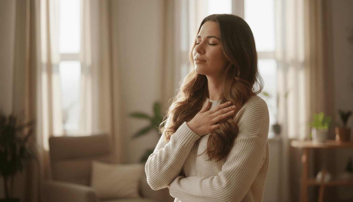 Mujer tocándose el pecho con expresión pensativa y luz suave de ventana