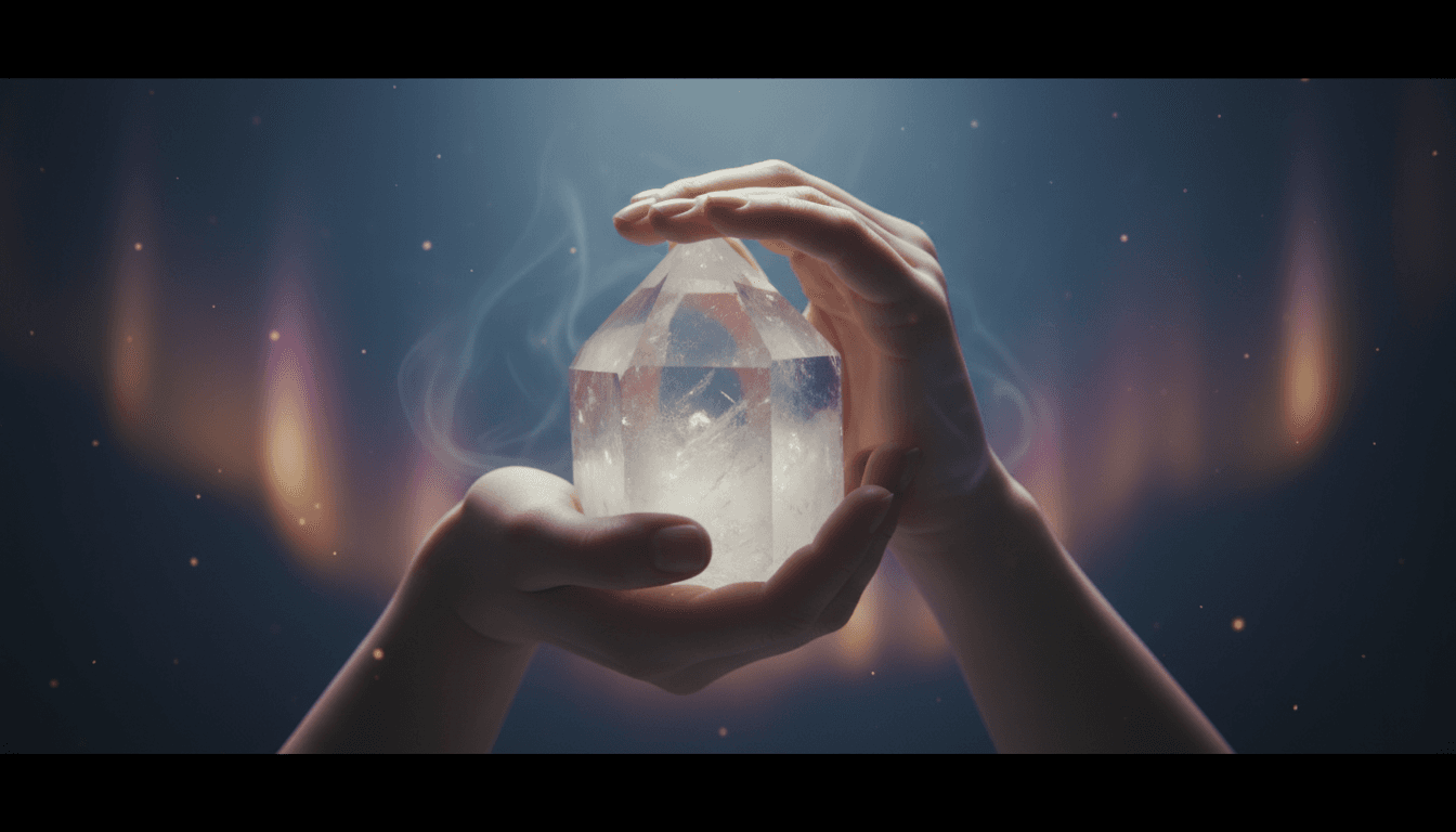 Hands holding a quartz crystal in a mystical, dimly lit setting