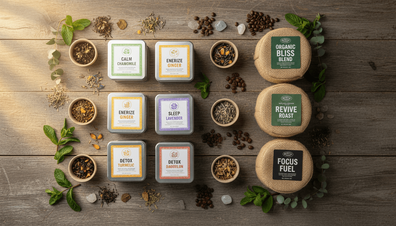 Productos de bienestar natural DXN dispuestos en una mesa de madera