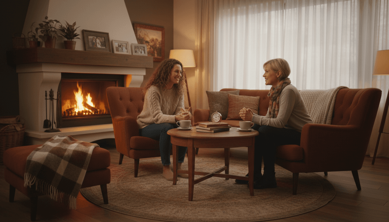 Dos mujeres conversando cálidamente en una sala acogedora