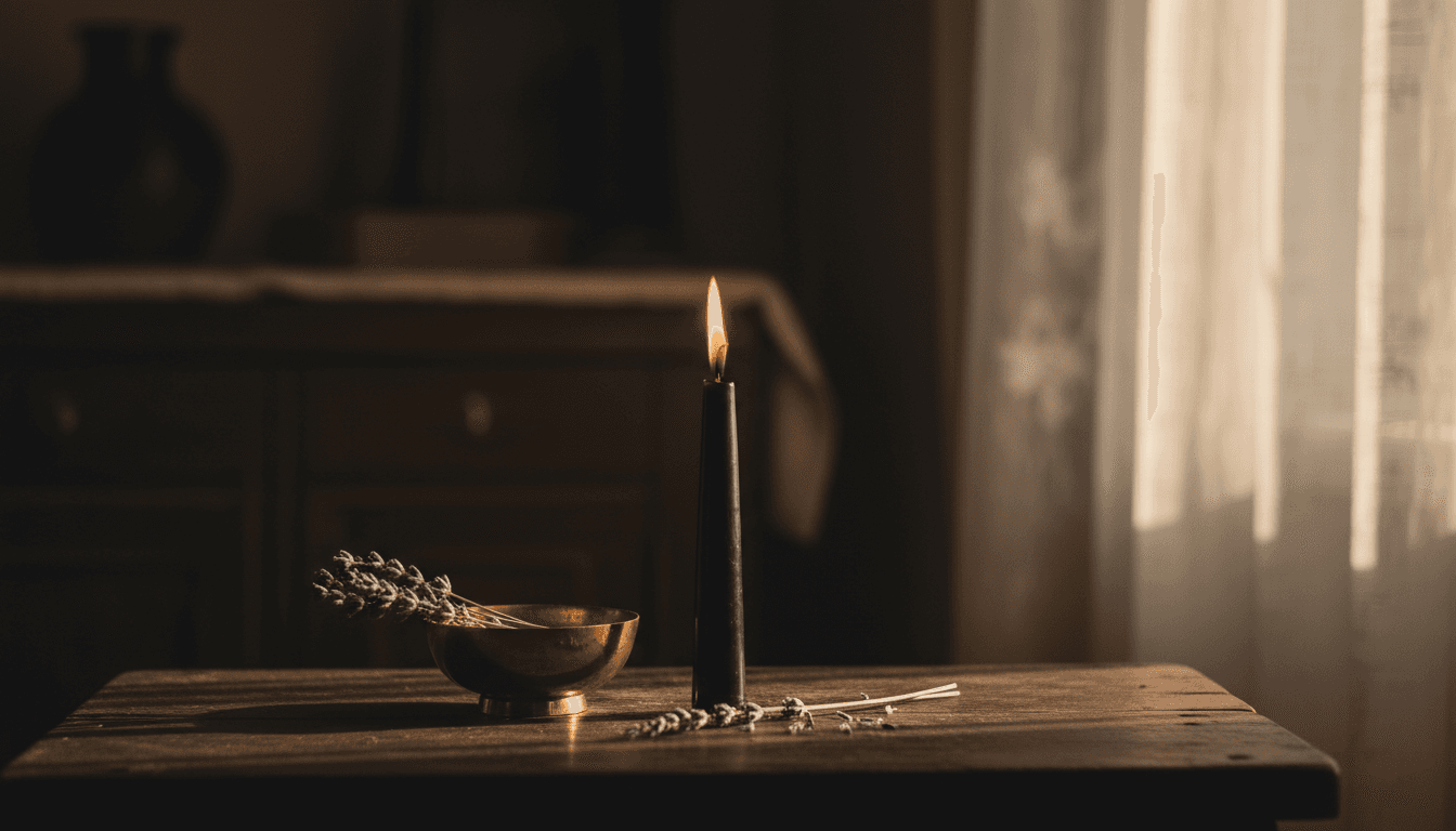 Mesa de altar con vela negra, cuenco dorado y lavanda seca iluminada suavemente por luz de velas