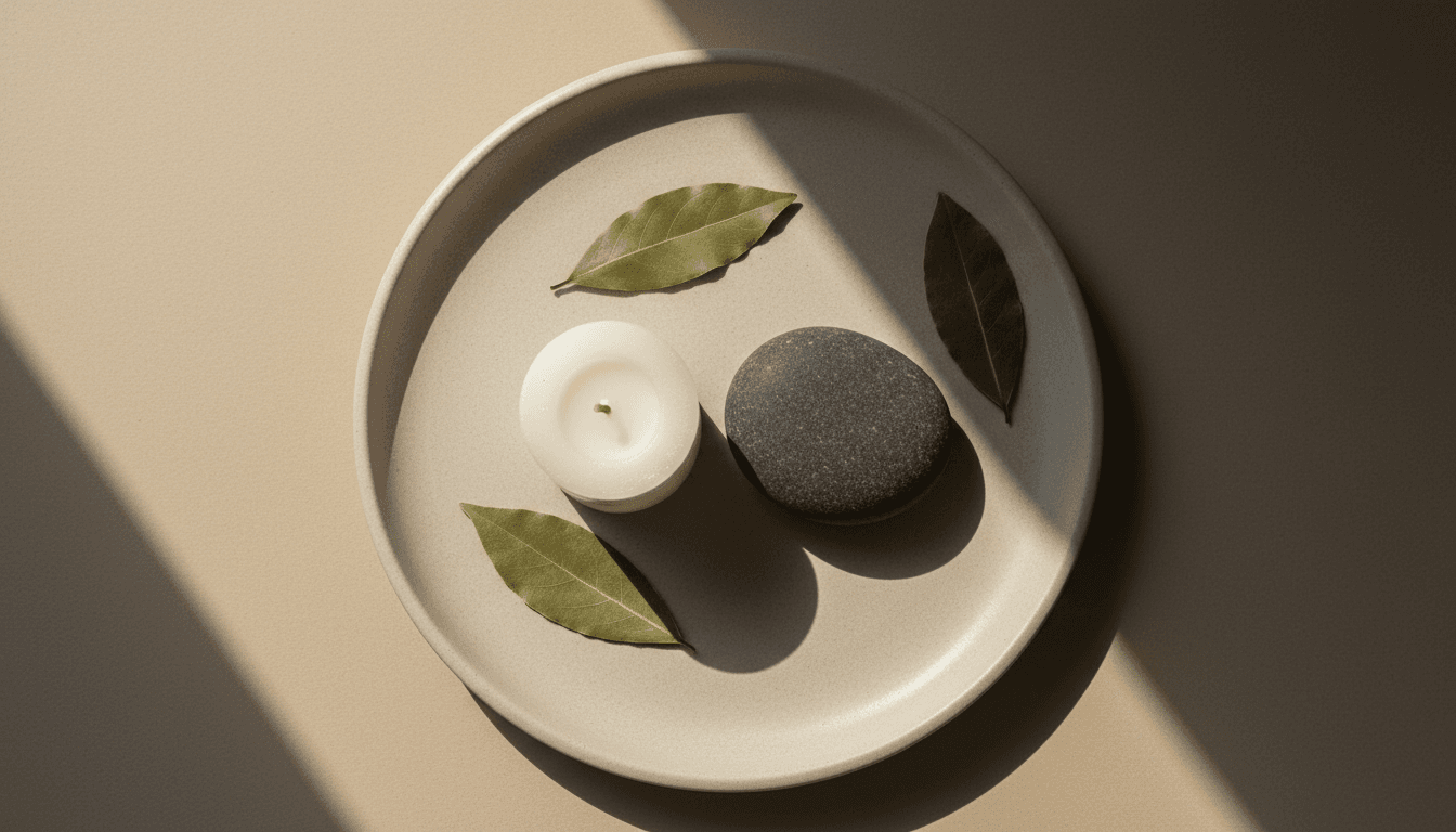 Vela apagada con piedra oscura y hojas de laurel