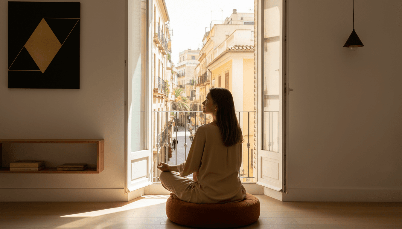 Mujer sentada en cojín de meditación mirando por la ventana en Valencia