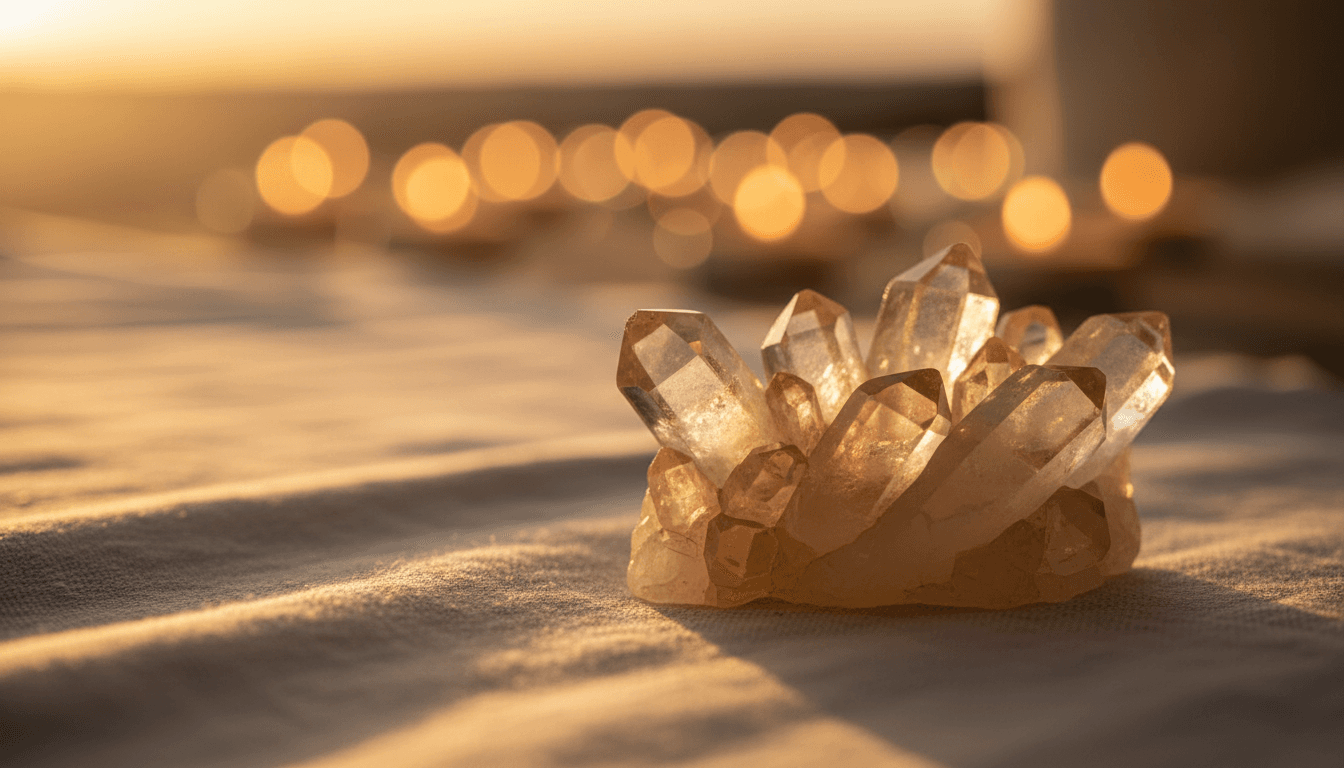 Cristal de cuarzo sobre tela de lino con luz de vela al fondo