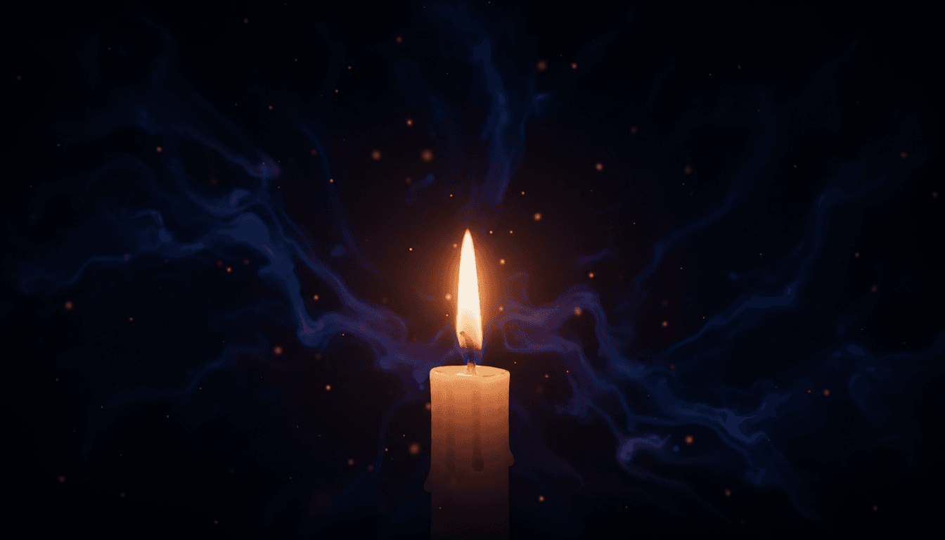 Soft candle flame casting warm glow against dark, tranquil energy backdrop.
