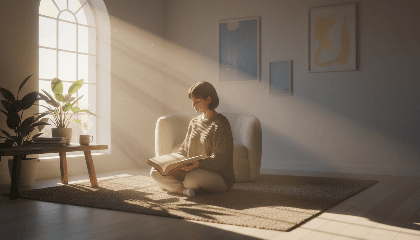 Mujer meditando en una habitación tranquila con luz dorada del atardecer entrando por la ventana