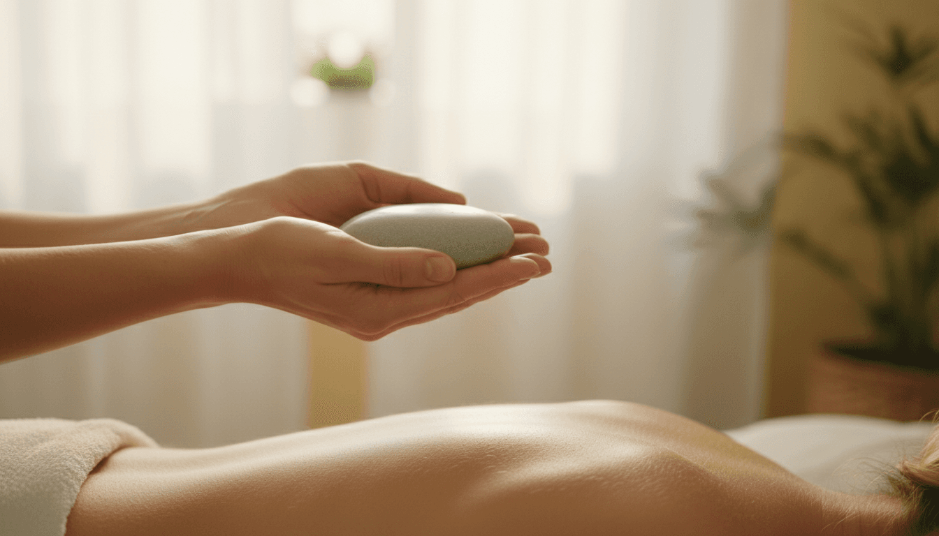 Manos sosteniendo una piedra durante una sesión de reiki