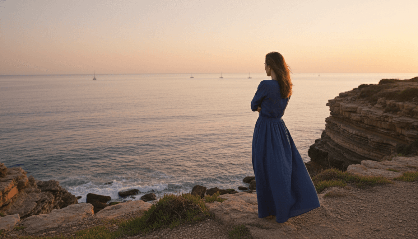 Persona mirando un mar en calma desde un acantilado, actitud contemplativa