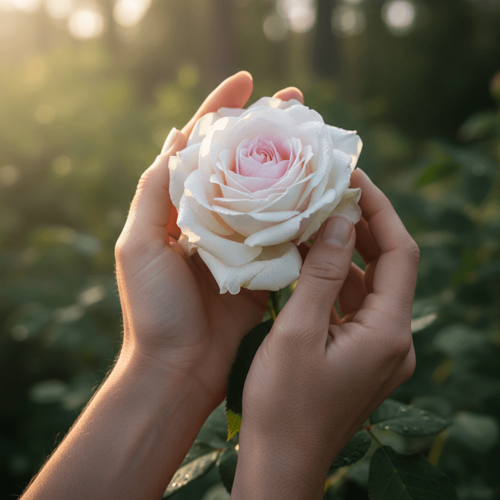 Primer plano de manos femeninas sosteniendo una flor abierta con suavidad