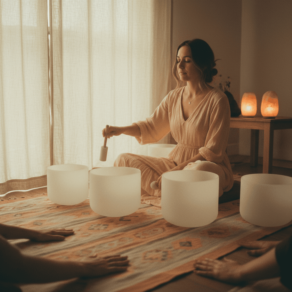 Eva MV dirigiendo un baño de sonido con cuencos de cristal en una sesión grupal